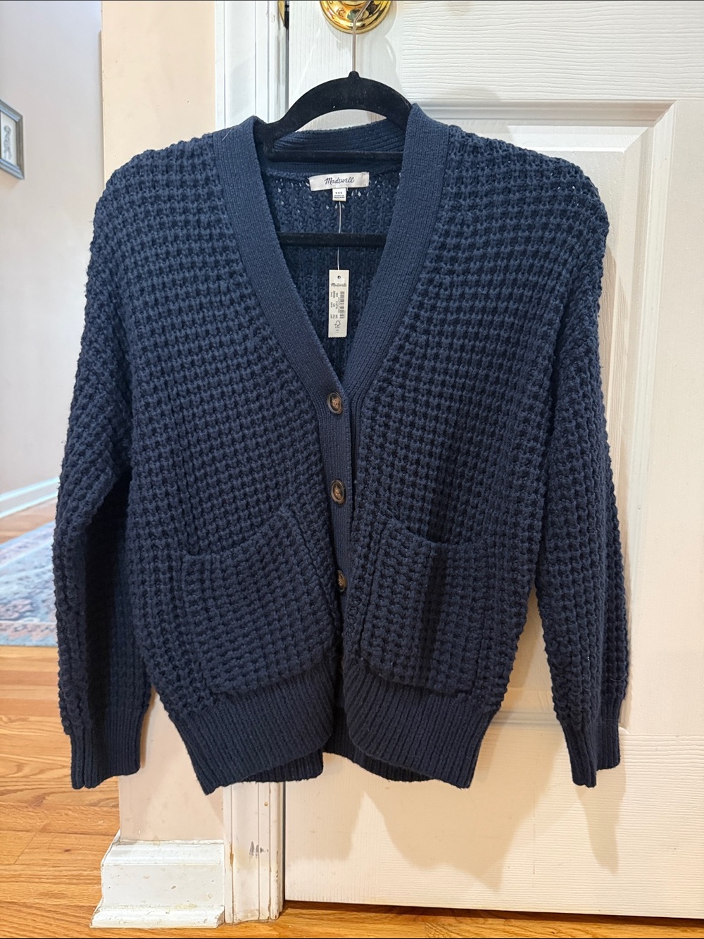 Madewell Navy Waffle-Knit Button Cardigan